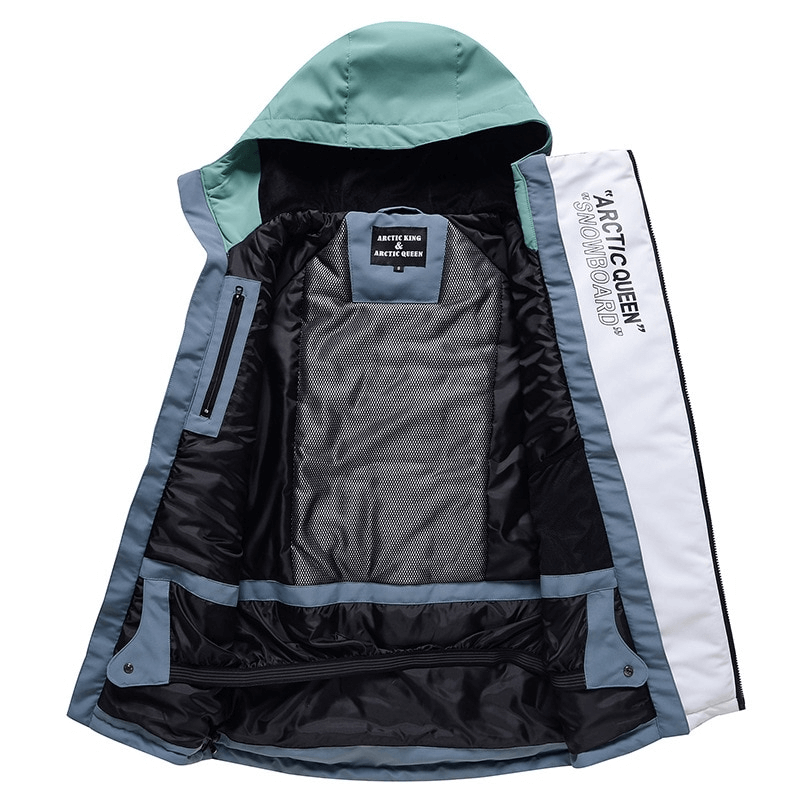 Warm waterproof snowboarding jacket with double zipper, hooded design, and breathable fabric, ideal for skiing and winter sports.